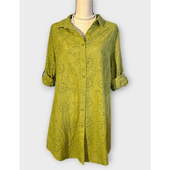 NEW TAMSY Womens XL Erin Eyelet Embroidered Tunic Top Olive Collared Buttons - Picture 1 of 10